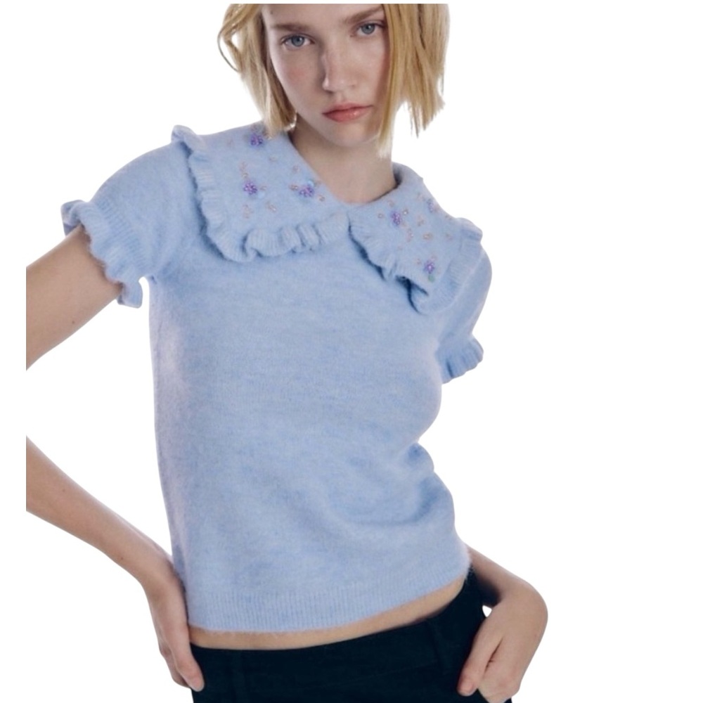 ZARA Peter Pan Beaded Collar Blue Cropped Knit Sweater Ruffle Trim Women’s Large - Picture 5 of 13